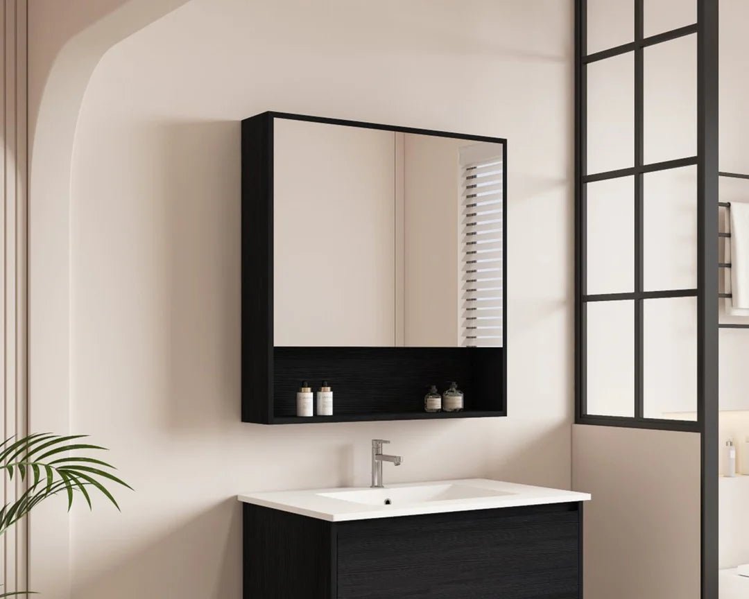 Hera Black Oak 750mm Mirror Shaving Cabinet with Shelf - RJ Bathroom