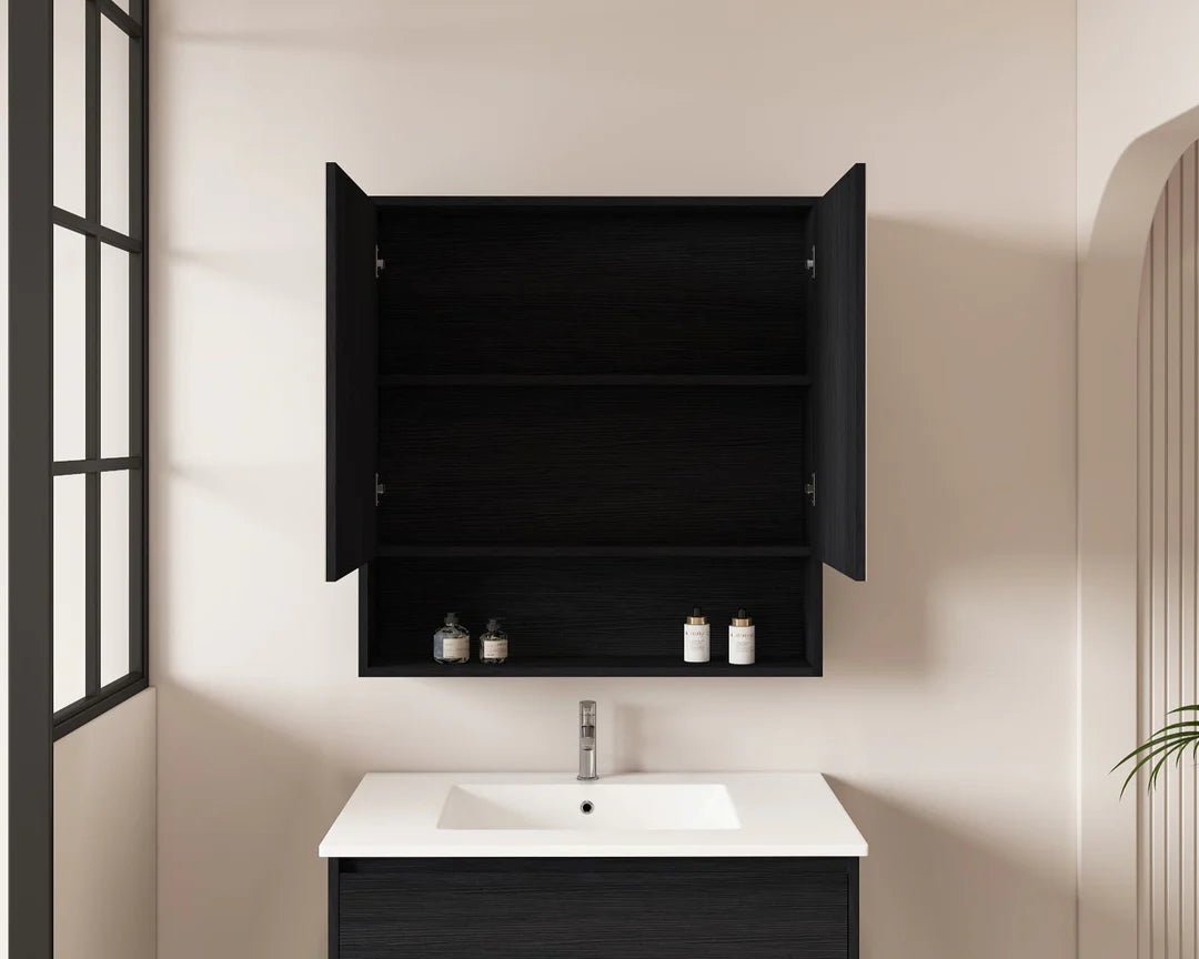 Hera Black Oak 750mm Mirror Shaving Cabinet with Shelf - RJ Bathroom