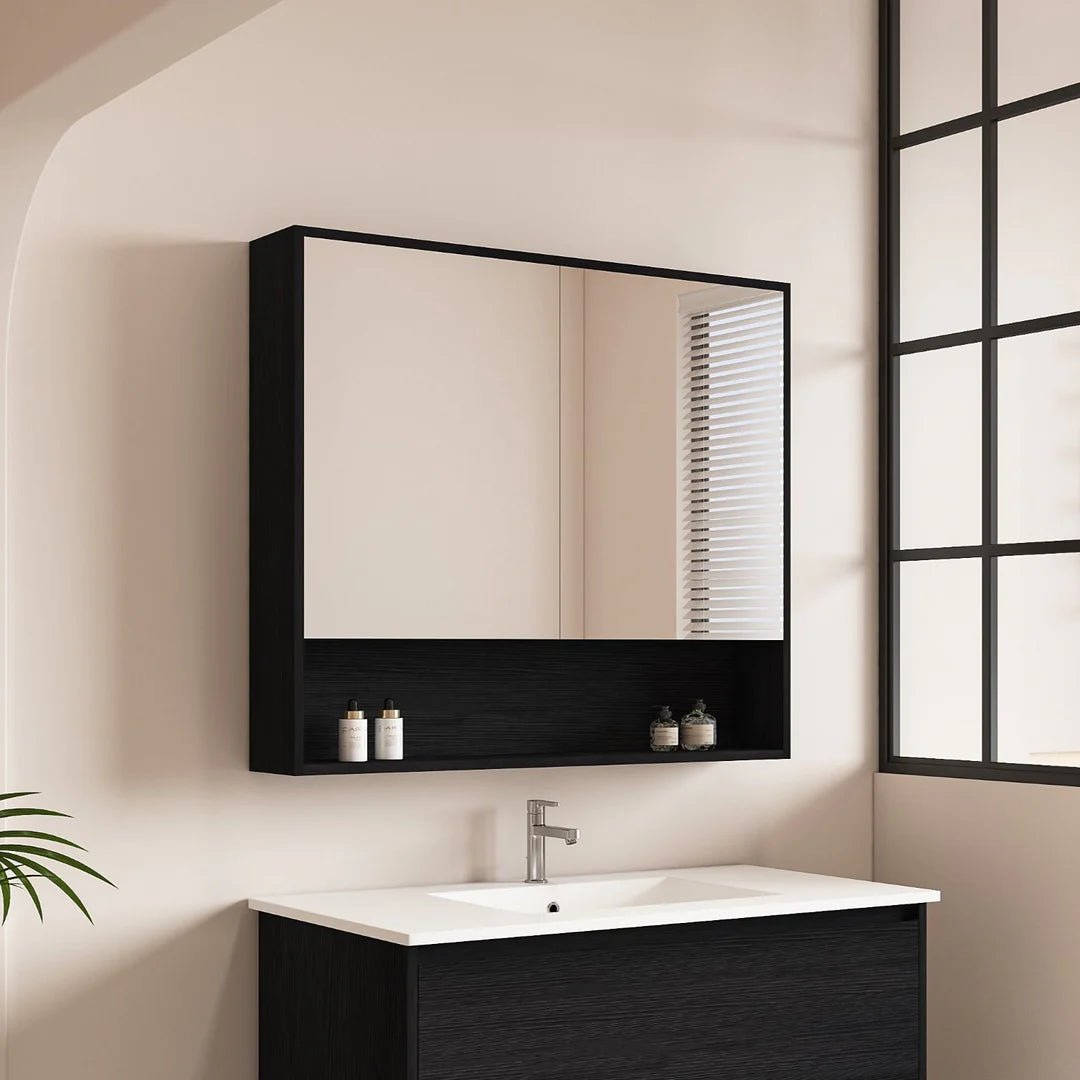 Hera Black Oak 900mm Mirror Shaving Cabinet with Shelf - RJ Bathroom