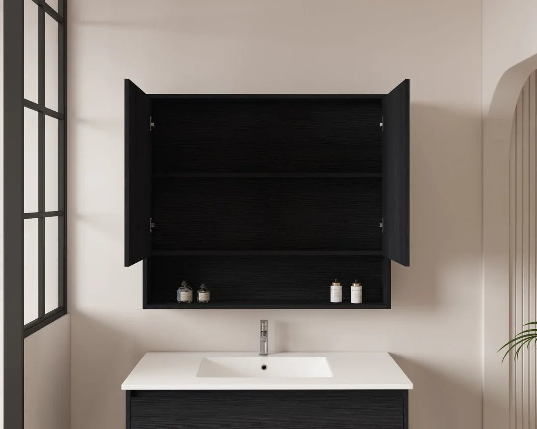 Hera Black Oak 900mm Mirror Shaving Cabinet with Shelf - RJ Bathroom