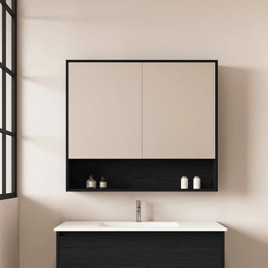 Hera Black Oak 900mm Mirror Shaving Cabinet with Shelf - RJ Bathroom