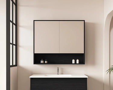 Hera Black Oak 900mm Mirror Shaving Cabinet with Shelf - RJ Bathroom