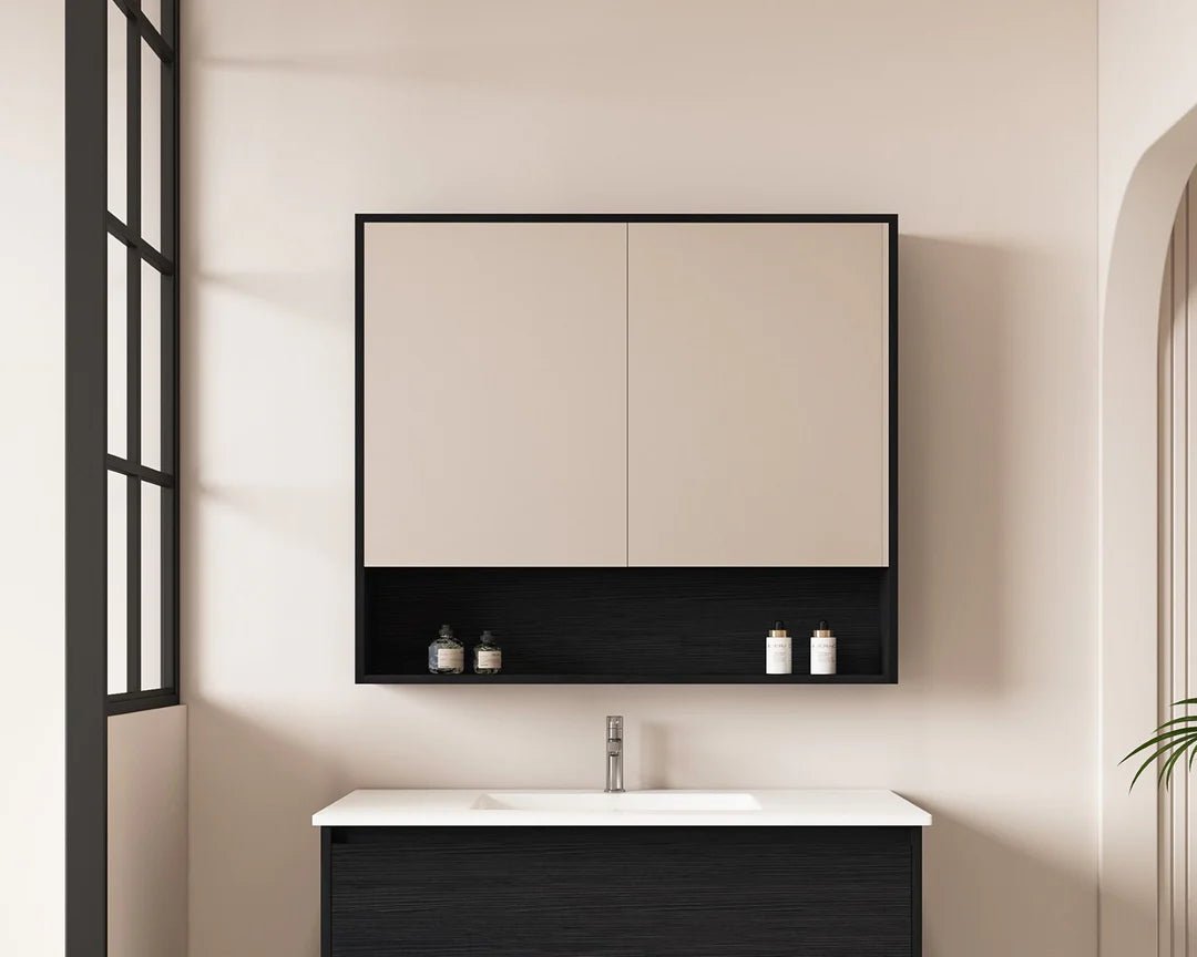 Hera Black Oak 900mm Mirror Shaving Cabinet with Shelf - RJ Bathroom