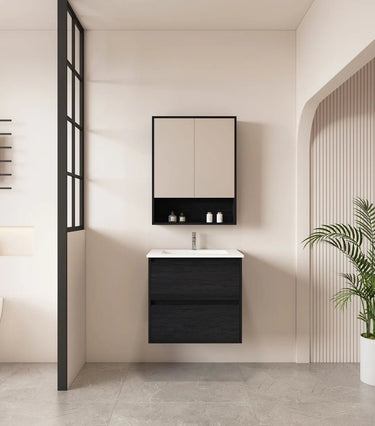 Hera Timber look Black Oak 600mm Wall Hung Vanity Carrara Top - RJ Bathroom