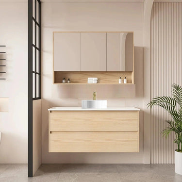 Hera Timber look Tas Oak 1200mm Wall Hung Single Bowl Vanity Carrara Stone Top - RJ Bathroom