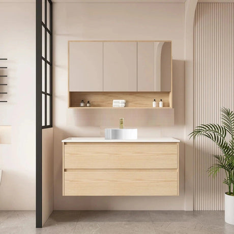 Hera Timber look Tas Oak 1200mm Wall Hung Single Bowl Vanity Carrara White Stone Top - RJ Bathroom