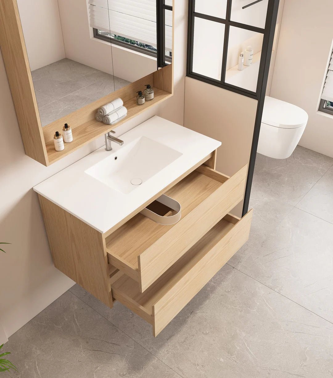 Hera Timber look Tas Oak 1200mm Wall Hung Single Bowl Vanity Carrara White Stone Top - RJ Bathroom