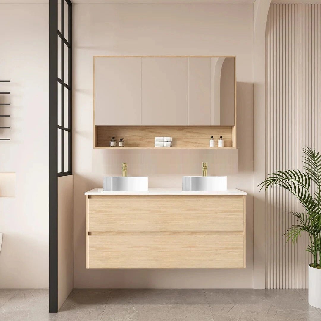 Hera Timber look Tas Oak 1500mm Wall Hung Double Bowl Vanity Alpine Mist Stone Top - RJ Bathroom