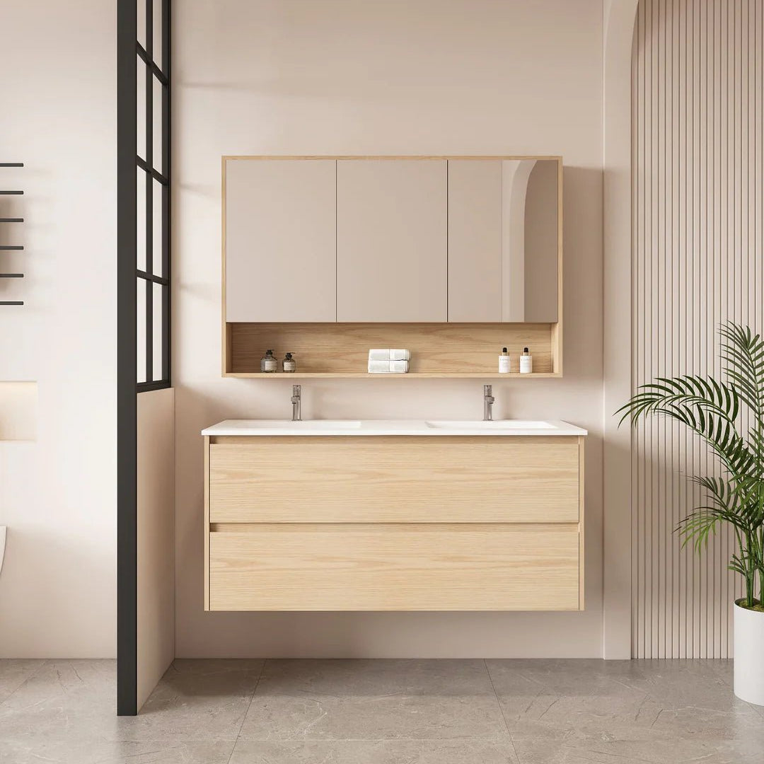 Hera Timber look Tas Oak 1500mm Wall Hung Double Bowl Vanity Alpine Mist Stone Top - RJ Bathroom