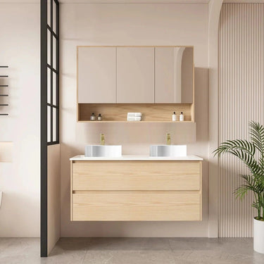 Hera Timber look Tas Oak 1500mm Wall Hung Double Bowl Vanity Stone Top - RJ Bathroom