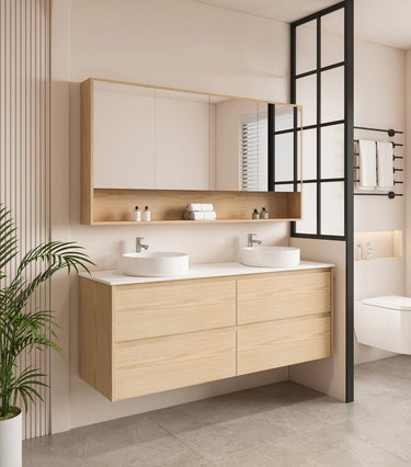 Hera Timber look Tas Oak 1800mm Wall Hung Double Bowl Vanity Stone Top - RJ Bathroom