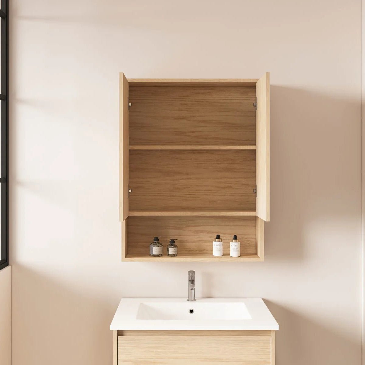 HERA Timber Look Tas Oak 600mm Mirror Shaving Cabinet with Shelf - RJ Bathroom