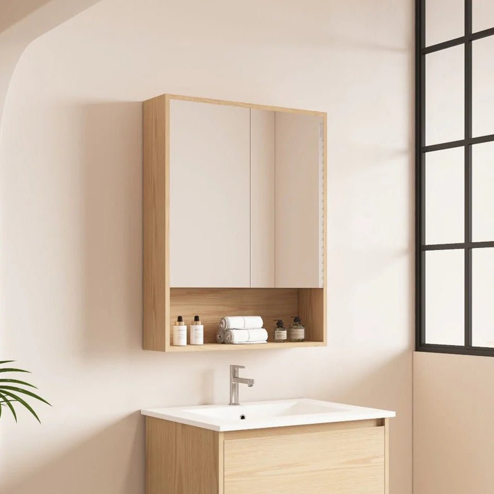 HERA Timber Look Tas Oak 600mm Mirror Shaving Cabinet with Shelf - RJ Bathroom