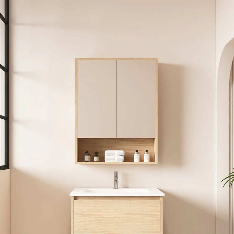HERA Timber Look Tas Oak 600mm Mirror Shaving Cabinet with Shelf - RJ Bathroom