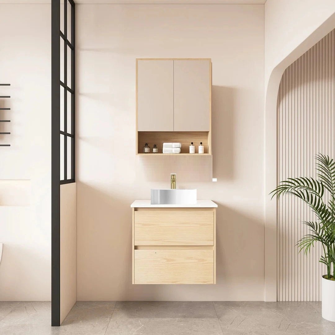 Hera Timber look Tas Oak 900mm Wall Hung Vanity Alpine Mist Stone Top - RJ Bathroom