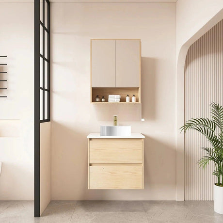 Hera Timber look Tas Oak 900mm Wall Hung Vanity Alpine Mist Stone Top - RJ Bathroom