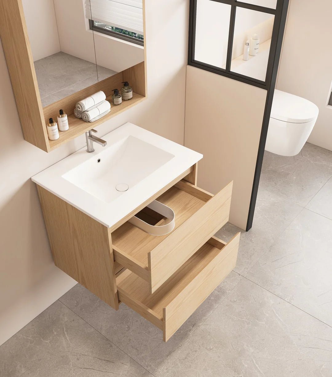 Hera Timber look Tas Oak 900mm Wall Hung Vanity Alpine Mist Stone Top - RJ Bathroom