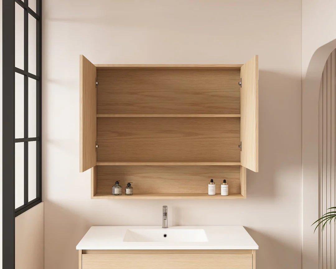 HeraTimber Look Tas Oak 900mm Mirror Shaving Cabinet with Shelf - RJ Bathroom