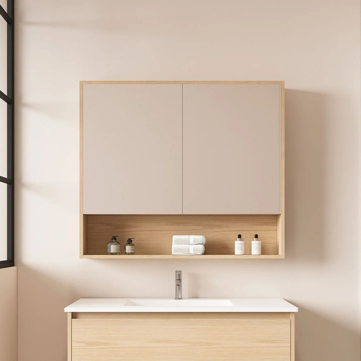 HeraTimber Look Tas Oak 900mm Mirror Shaving Cabinet with Shelf - RJ Bathroom