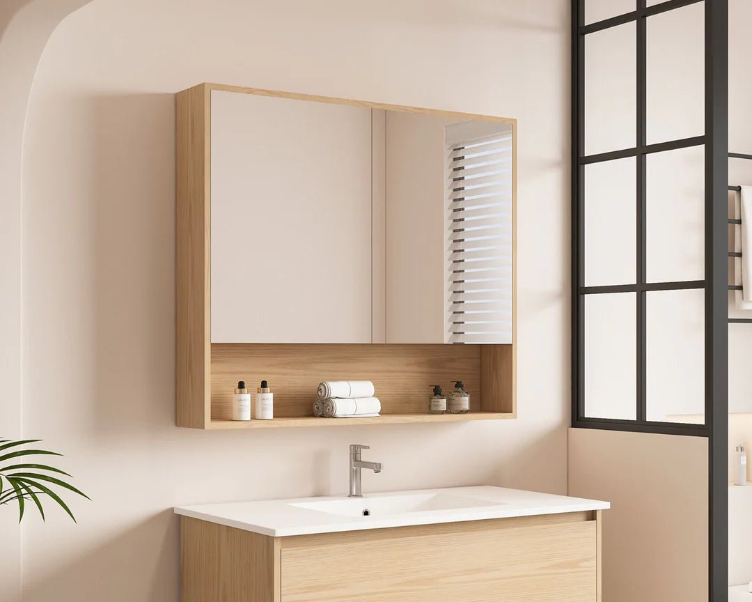 HeraTimber Look Tas Oak 900mm Mirror Shaving Cabinet with Shelf - RJ Bathroom
