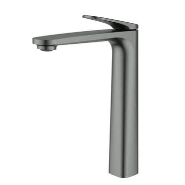 Ikon Sulu II high rise basin mixer tap in gun metal on a white background, model HYB168-202GM