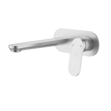 Ikon Sulu II Brushed Nickel wall basin mixer with spout on single backplate