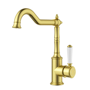 Ikon Clasico Hampton Brushed Gold Sink Mixer Hook Spout - Ceramic Handle
