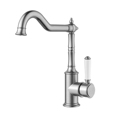 Ikon Clasico Hampton Brushed Nickel Sink Mixer Hook Spout - Ceramic Handle