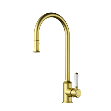 Ikon Clasico Hampton Brushed Gold Pull-Out Sink Mixer - Ceramic Handle