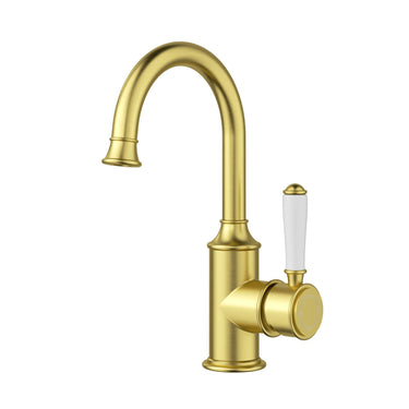 Ikon Clasico Hampton Brushed Gold Gooseneck Basin Mixer - Ceramic Handle