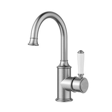 Ikon Clasico Hampton Brushed Nickel Gooseneck Basin Mixer - Ceramic Handle
