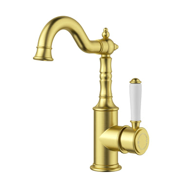 Ikon Clasico Hampton Brushed Gold Tall Basin Mixer Hook Spout - Ceramic Handle