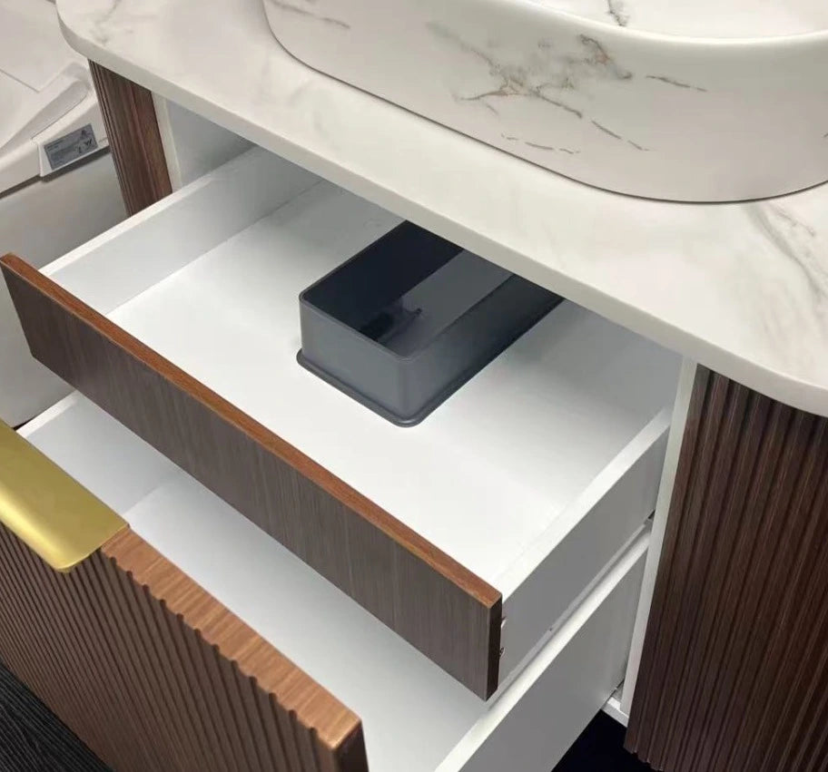 Timber Fluted Curved Walnut Artis 600mm Waterproof Wall Hung Vanity Carrara Stone top