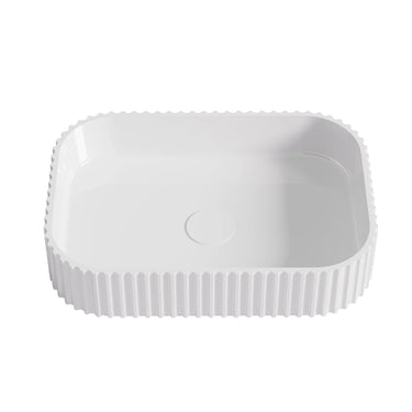 Jasper Fluted 500mm solid surface stone rectangular above counter basin in gloss white