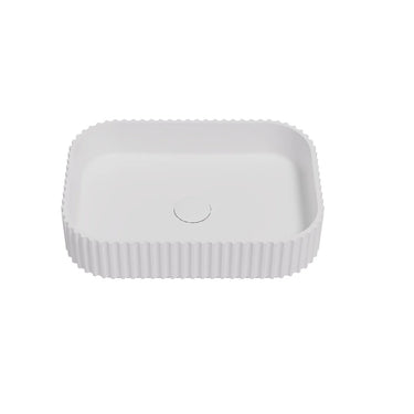 Jasper Fluted 500mm solid surface stone rectangular above counter basin in matte white