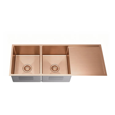 Kliff 1140x440mm Brushed Bronze double bowl kitchen sink with drainer