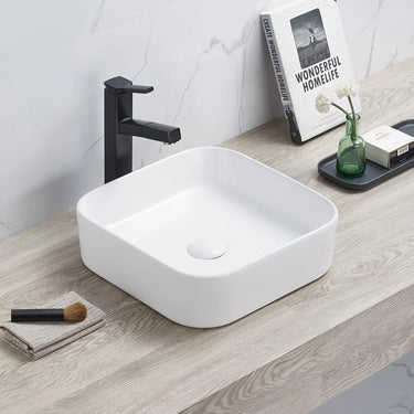 Kliff 370mm square above counter basin in gloss white on a bathroom vanity top