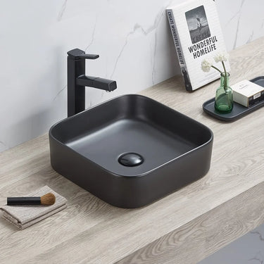 Kliff 370mm square above counter basin in matte black on a bathroom vanity top