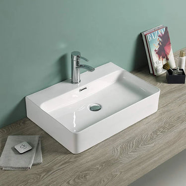 Kliff 605mm gloss white wall hung basin with tap hole on a timber bench