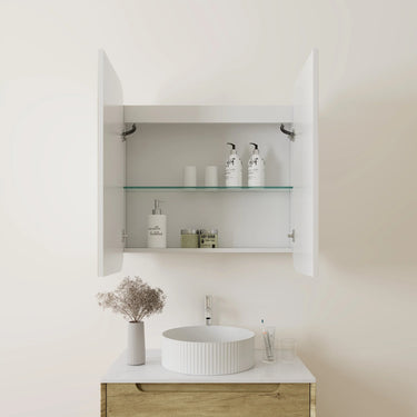 750mm matte white LED shaving cabinet above a bathroom vanity in a finished bathroom