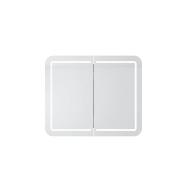 900mm matte white LED shaving cabinet, two doors with lit mirror frame and touch control