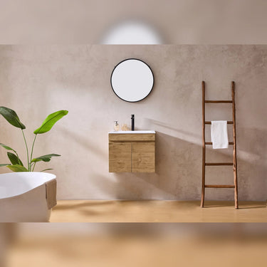 Camden 600mm Timber Wall Hung Vanity Prime Oak Installed in Bathroom - RJ Bathroom