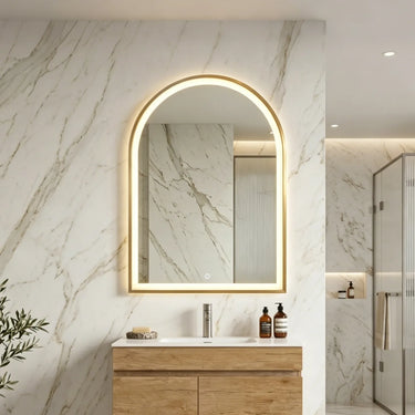 Arco 600x900mm Brushed Gold arch framed led mirror