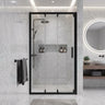 Matte black semi frameless 3 door sliding shower screen in a white marble wall to wall shower recess
