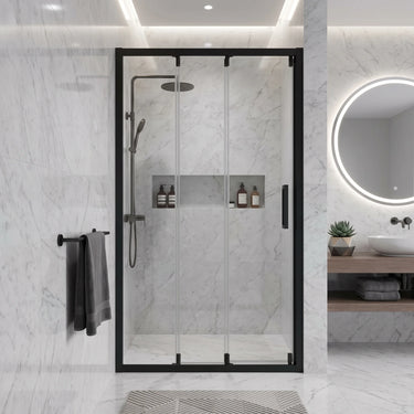 Matte black semi frameless 3 door sliding shower screen in a white marble wall to wall shower recess