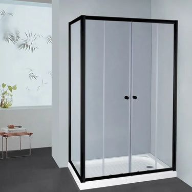 Matte black semi frameless corner shower screen with centre opening sliding doors and return panel, L shape