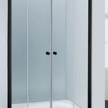 Matte black semi frameless centre opening sliding shower screen installed wall to wall, two sliding doors meeting in the middle