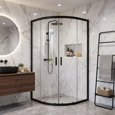 Matte black semi frameless curved sliding shower screen in a marble bathroom corner