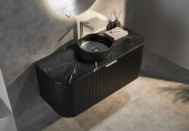 Matte Black Fluted Curved 1200mm Single Bowl Wall Hung Vanity Black Stone top - RJ Bathroom