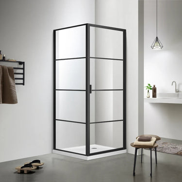 Matte black semi frameless pivot door corner shower screen with black grid glass and return panel